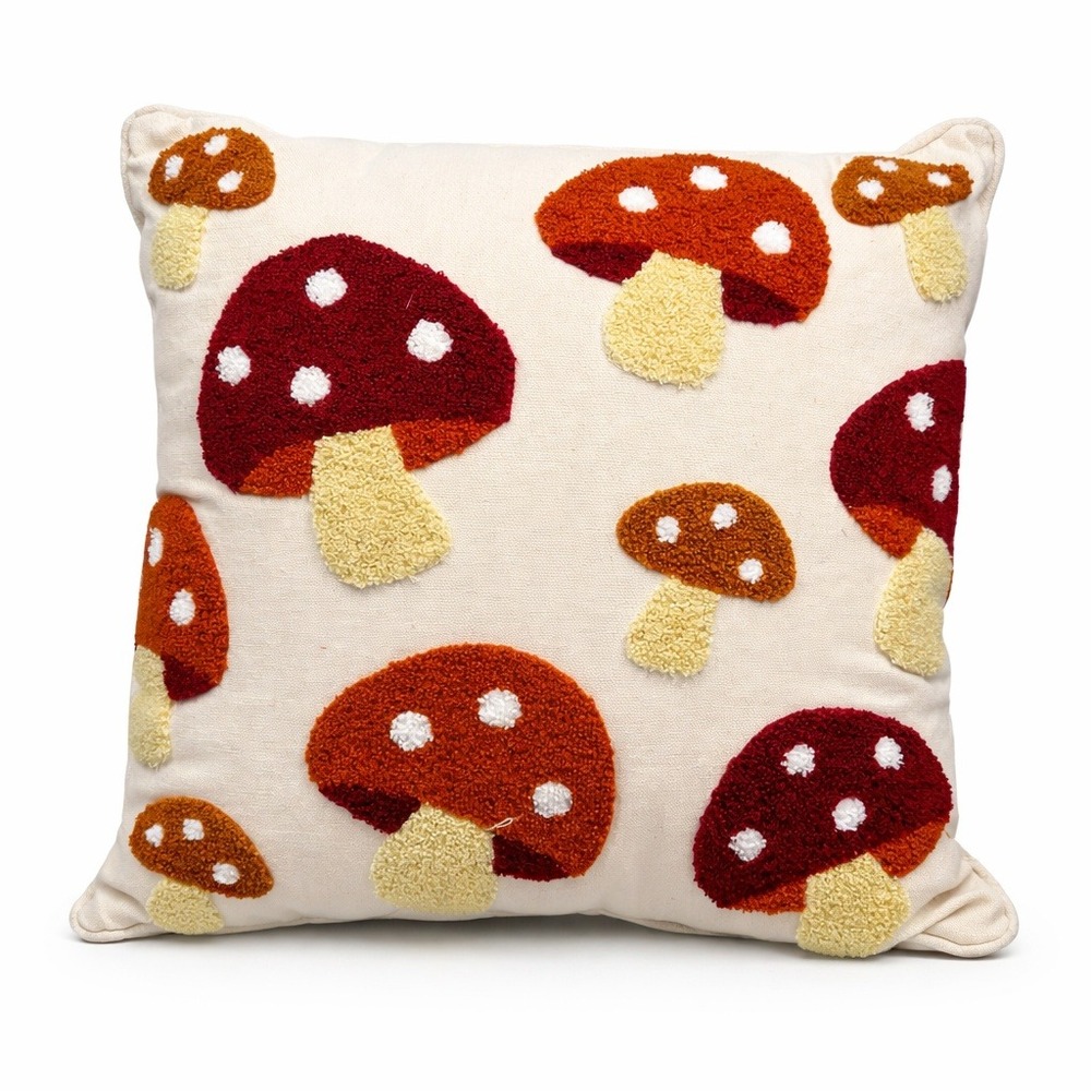 Ashland Mushroom Throw Pillow‎ 16x16 Cream Red Tufted Embroidered NWT Goblincore